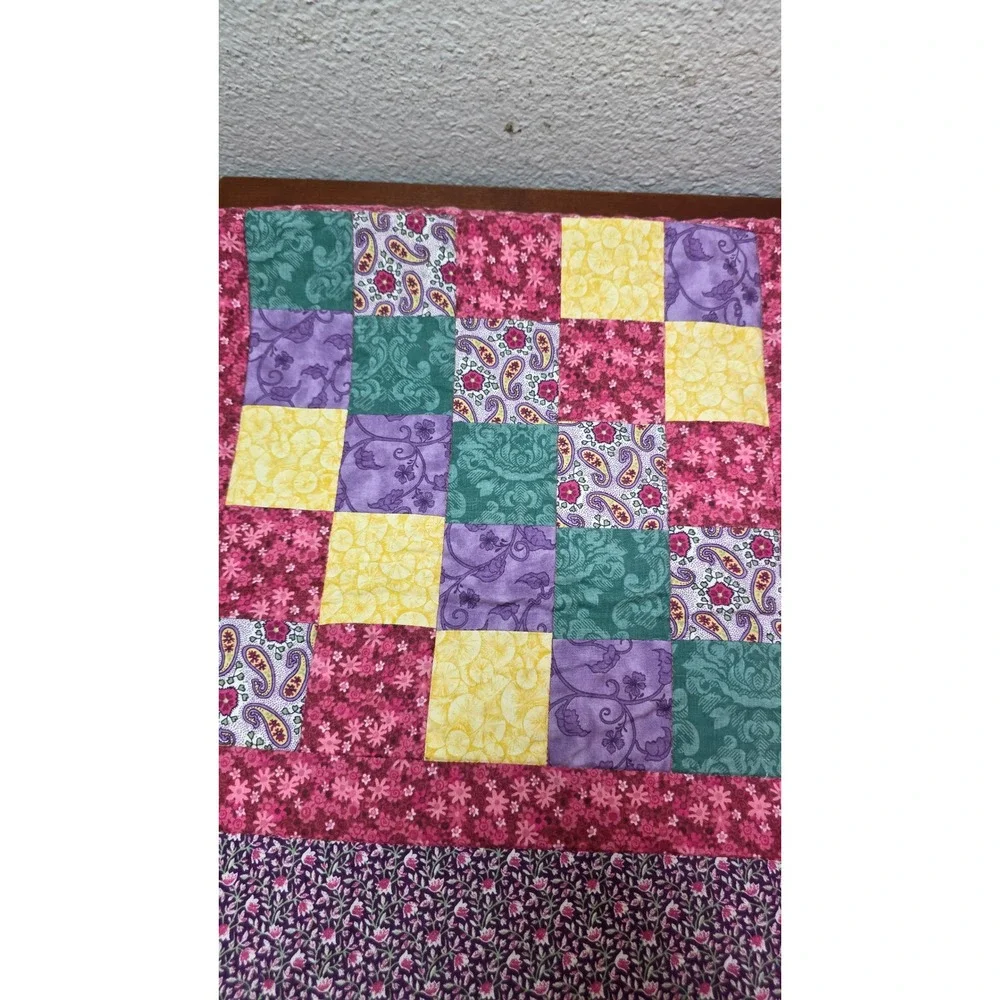 Handmade Patchwork Quilt Kids Set Floral Paisley Multi Color Green White 2pc
